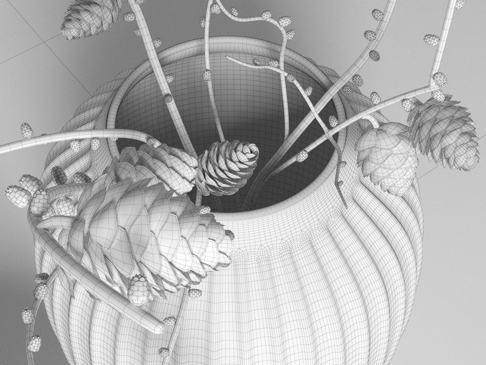 Hammershoi Vases with Pine Cone Branches 3D model_4