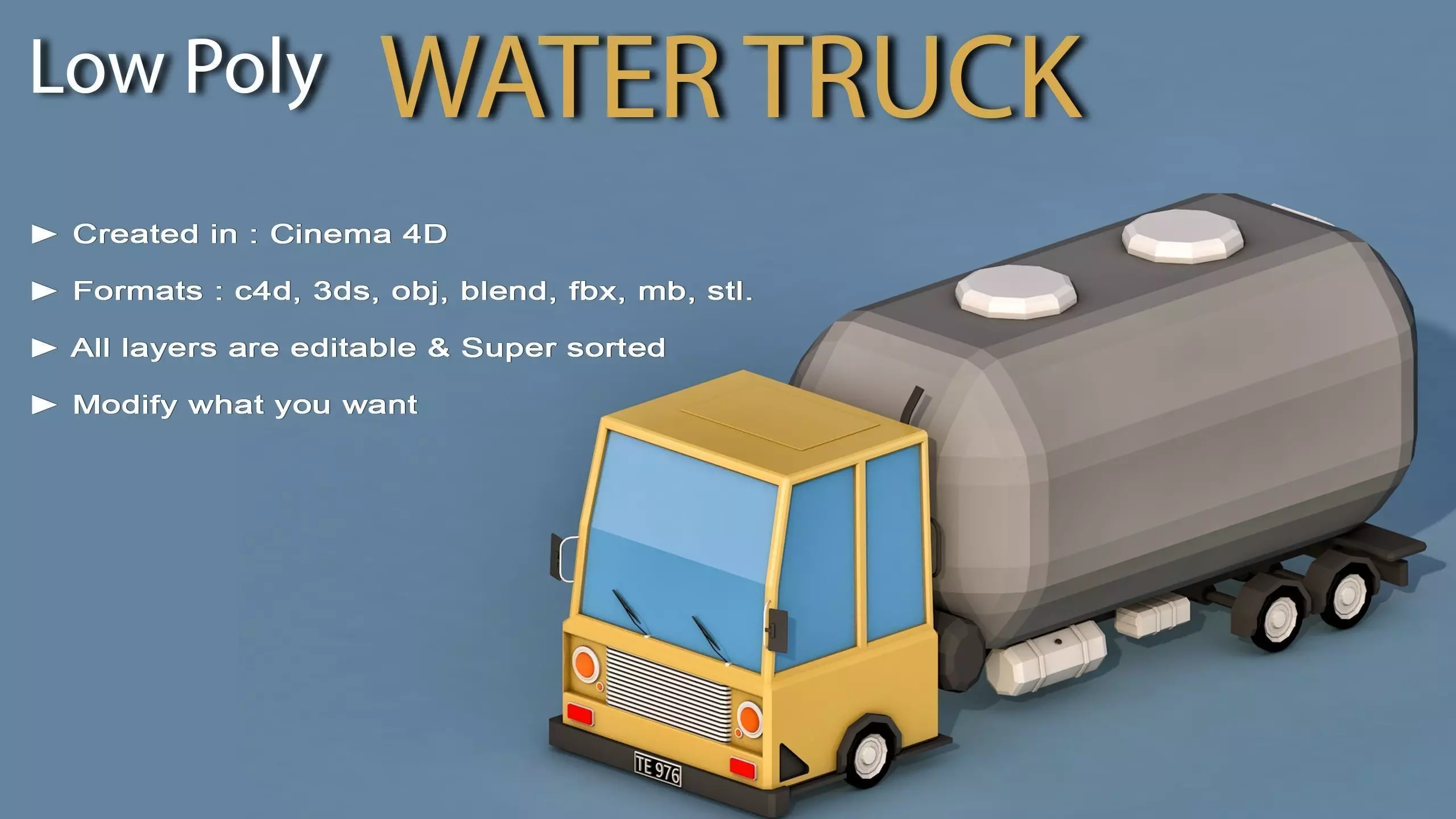 Cartoon Water Truck Low-poly 3D model