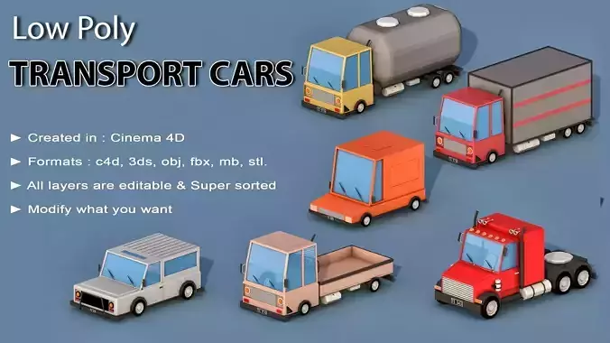 Cartoon Transport Cars Low-poly 3D model
