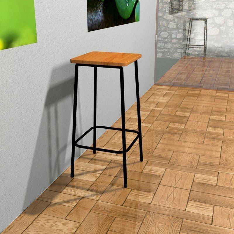 Wooden barstool 3D model_5