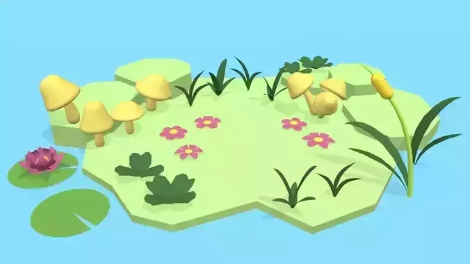 Low poly Grass island with plants and lily pads