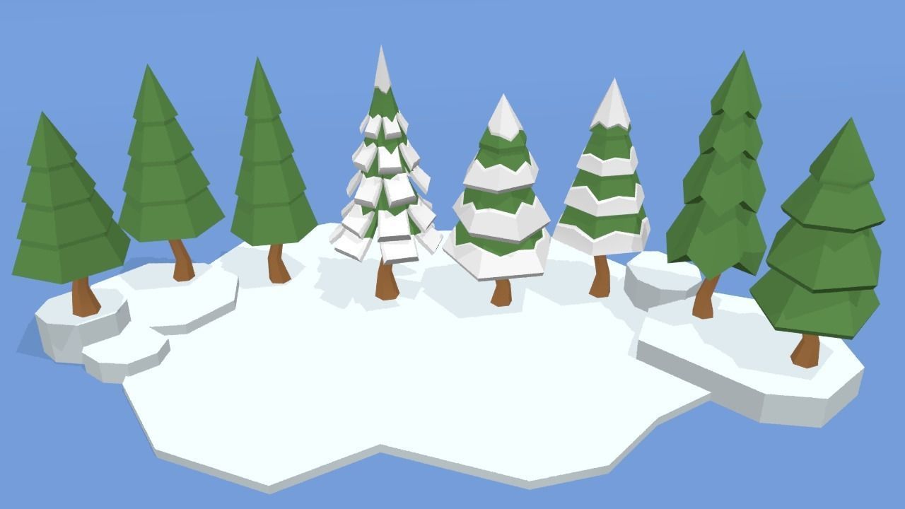 Low Poly Pines group of trees on snowy island Low-poly 3D model_1