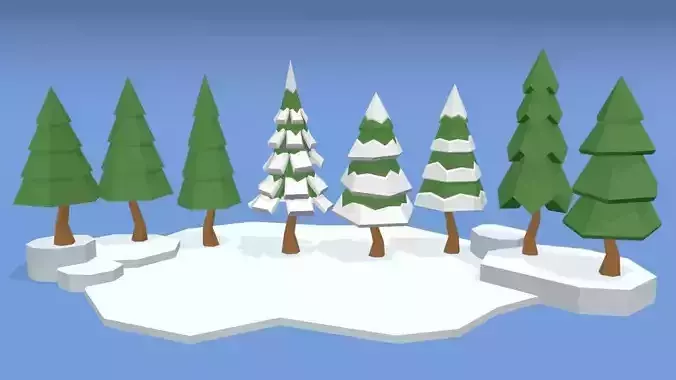 Low Poly Pines group of trees on snowy island