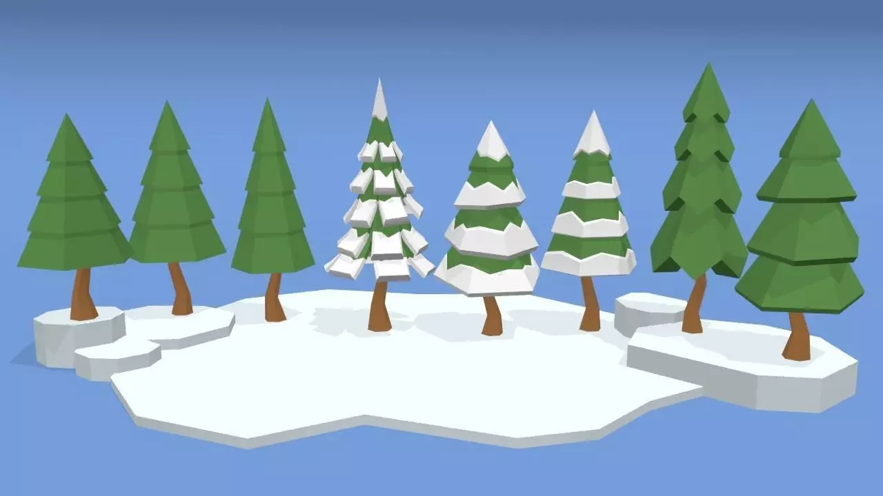 Low Poly Pines group of trees on snowy island Low-poly 3D model_0