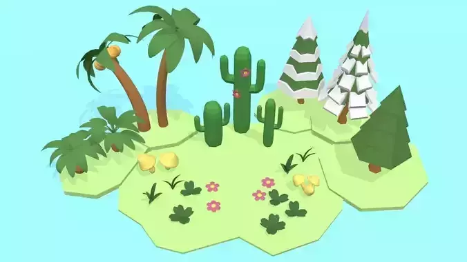 Low Poly Plants island with palm trees and cactus