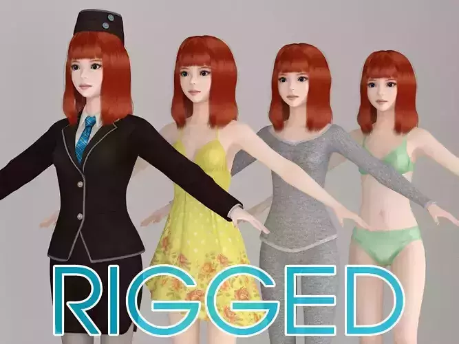 T pose rigged model of Olivia with various outfit  3D model