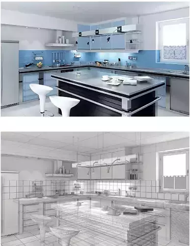 kitchen with two different views