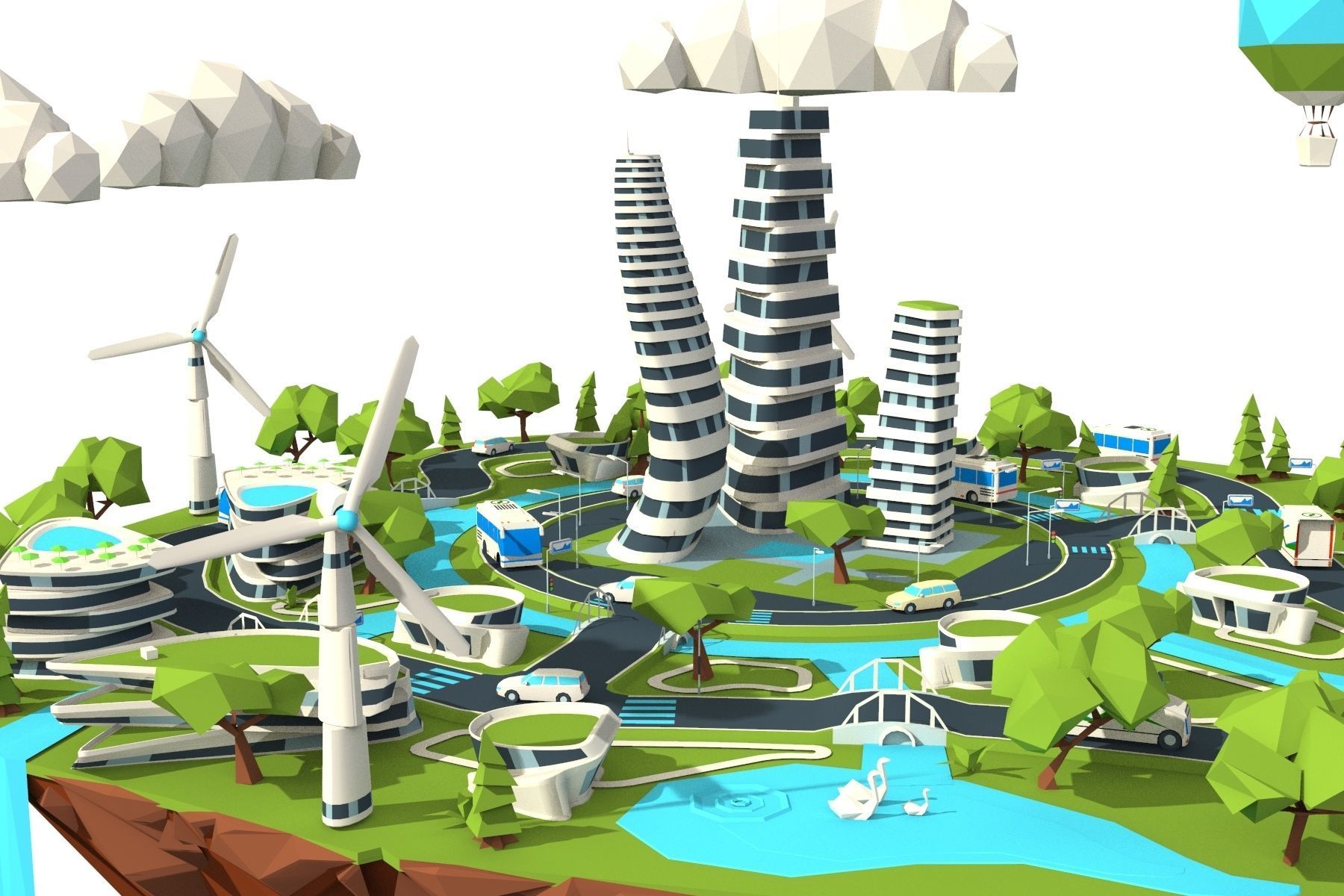 city lowpoly on island with wind turbines Low-poly 3D model_1