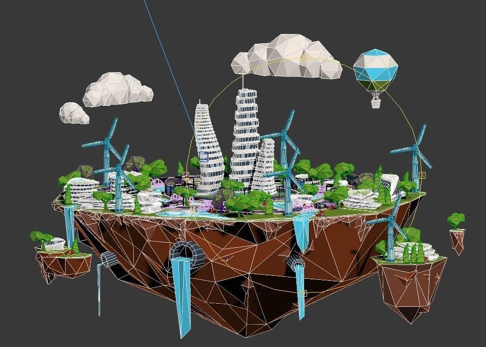 city lowpoly on island with wind turbines Low-poly 3D model_6
