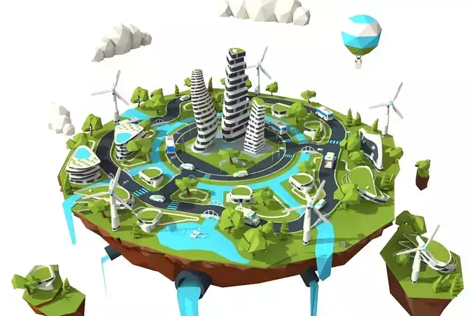 city lowpoly on island with wind turbines Low-poly 3D model