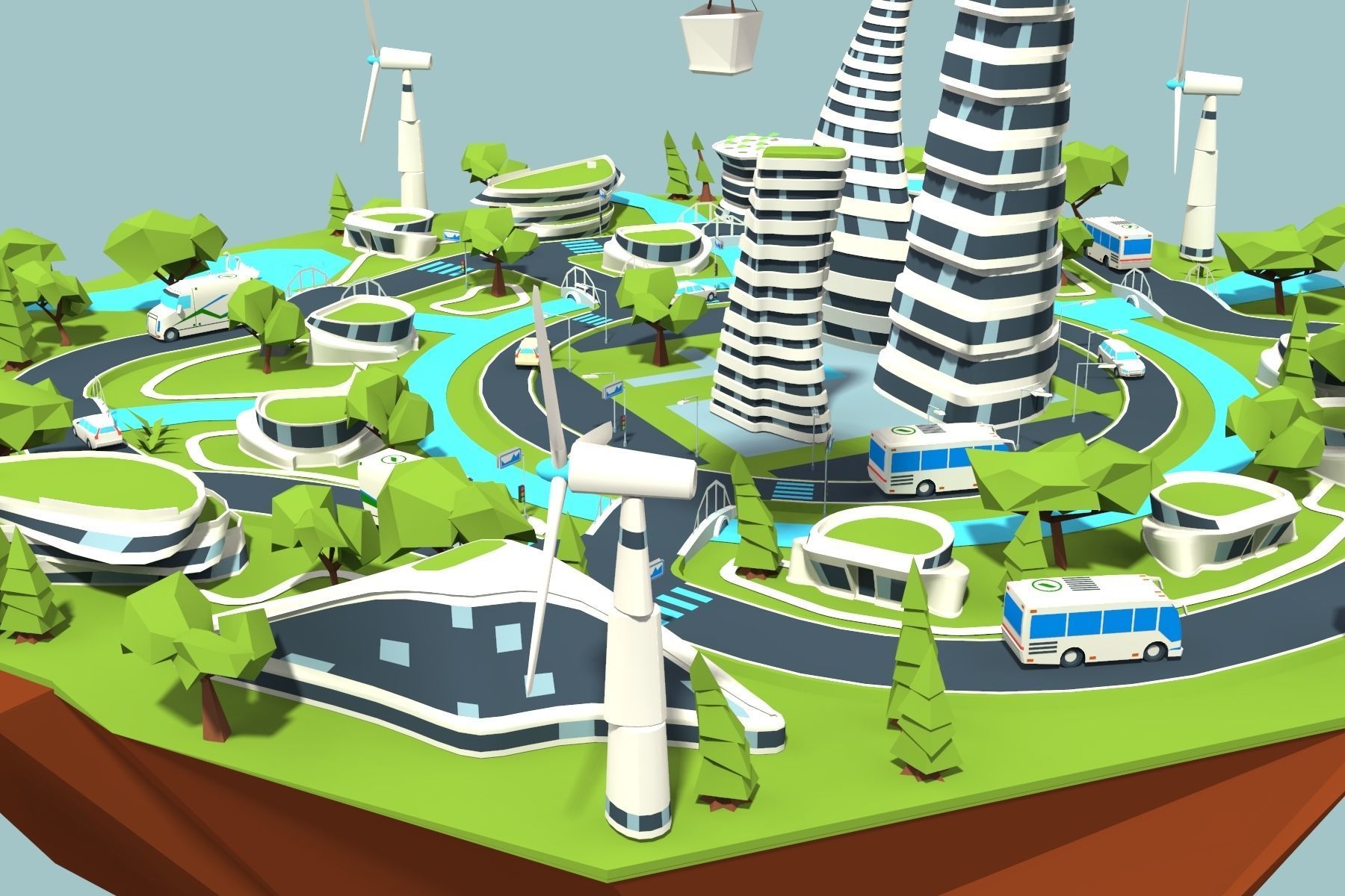 city lowpoly on island with wind turbines Low-poly 3D model_5