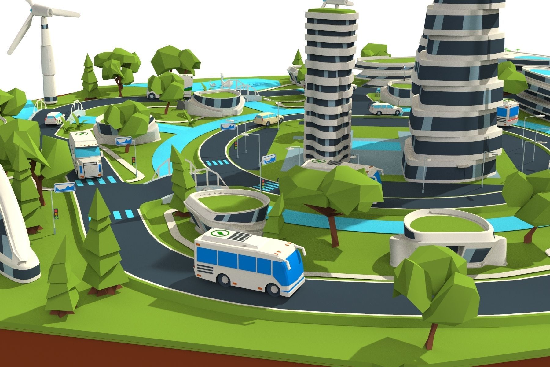 city lowpoly on island with wind turbines Low-poly 3D model_4