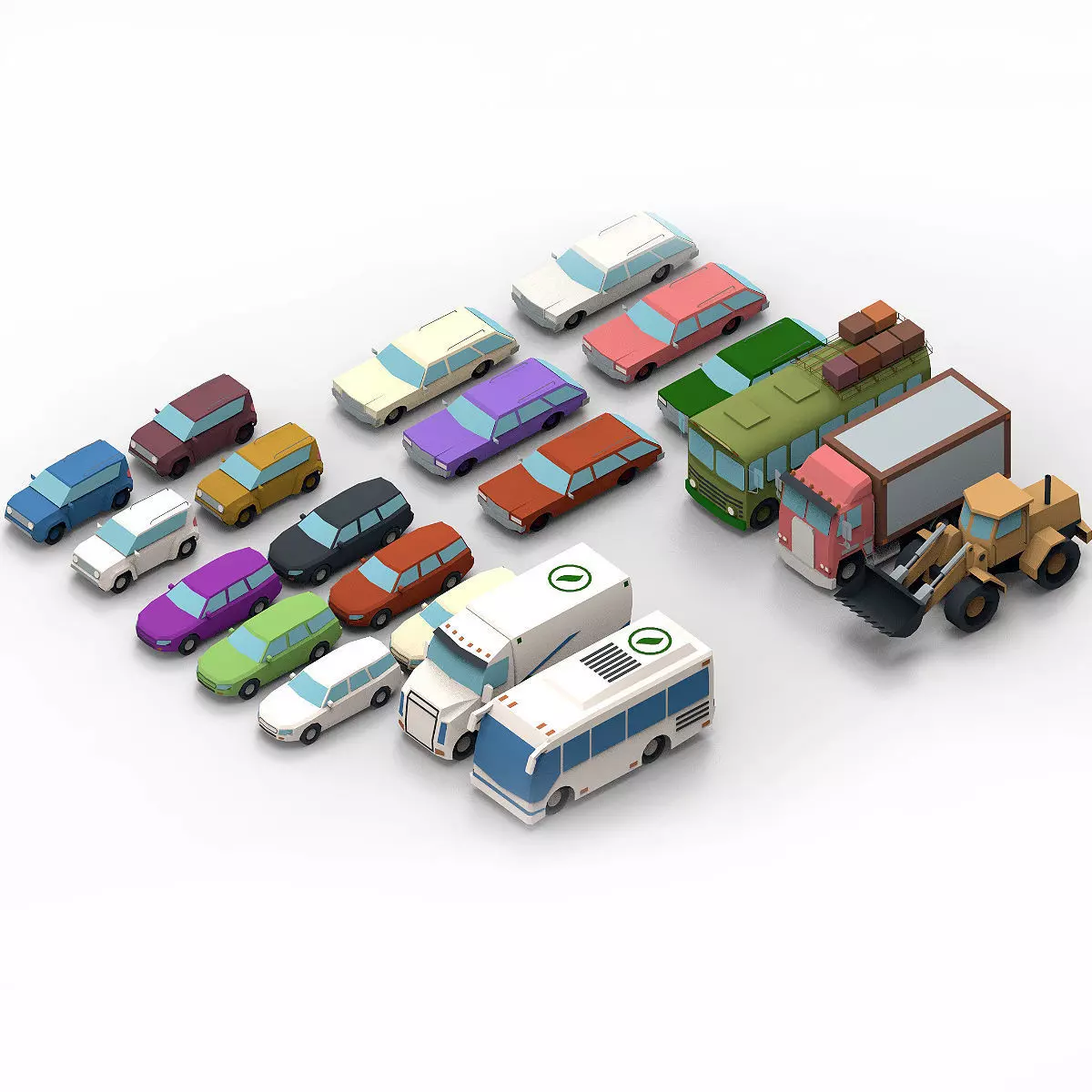 collection cars different colored and trucks Low-poly 3D model