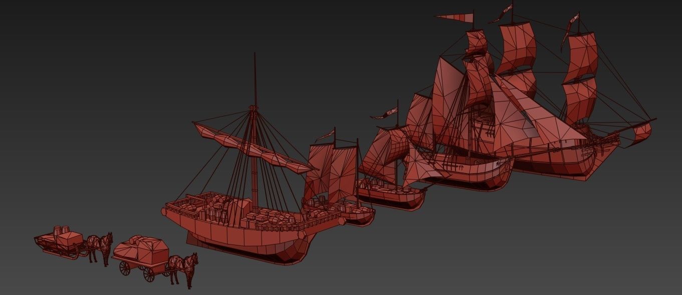 sailboats lowpoly group of wooden ships Low-poly 3D model_3