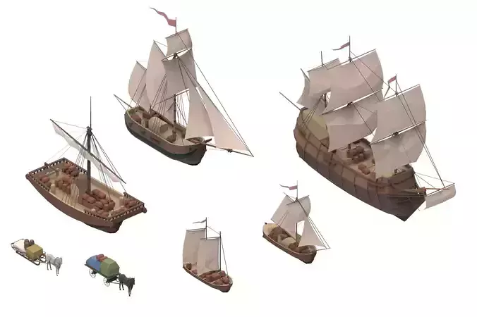 sailboats lowpoly group of wooden ships Low-poly 3D model