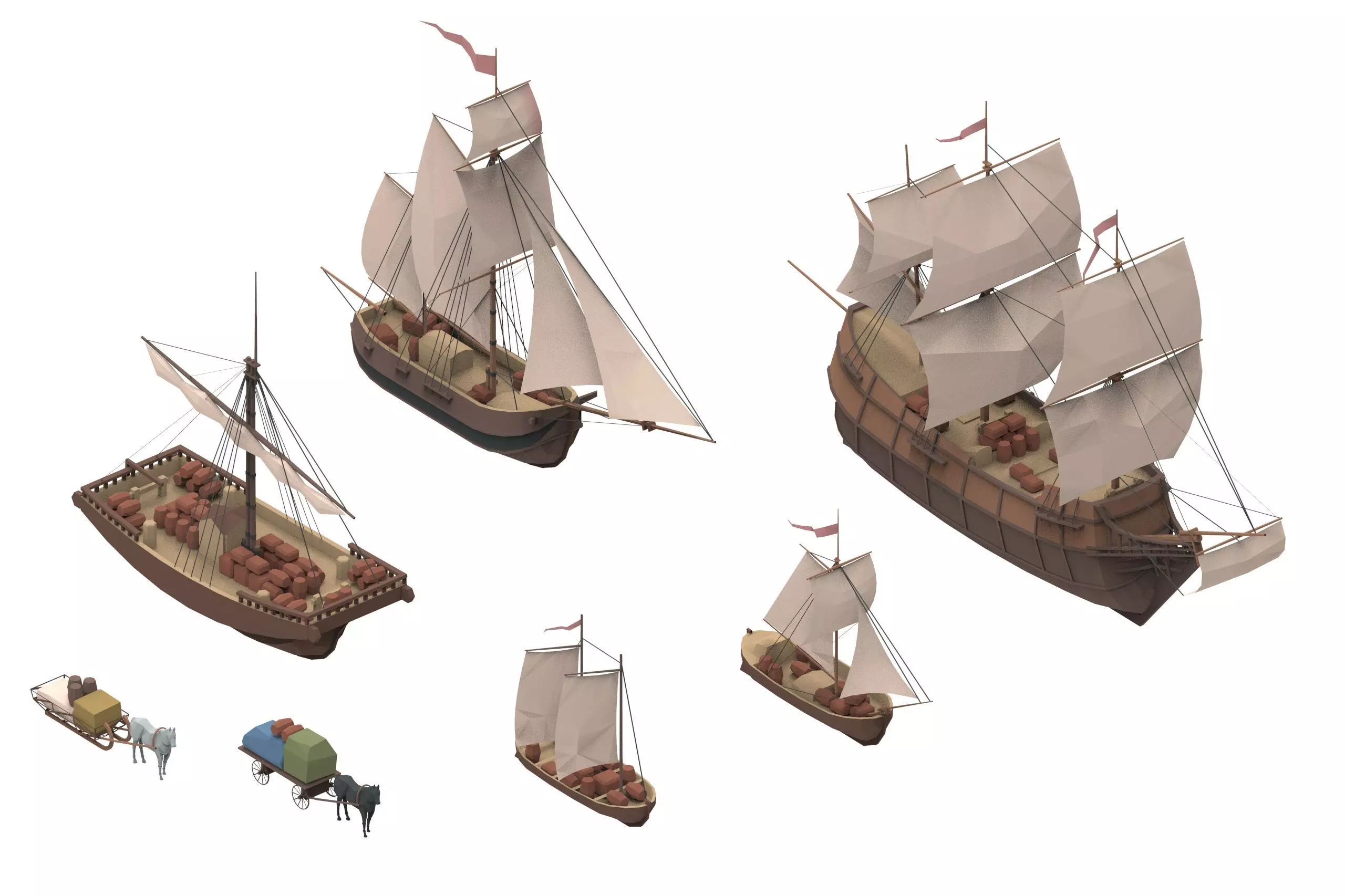 sailboats lowpoly group of wooden ships Low-poly 3D model_0