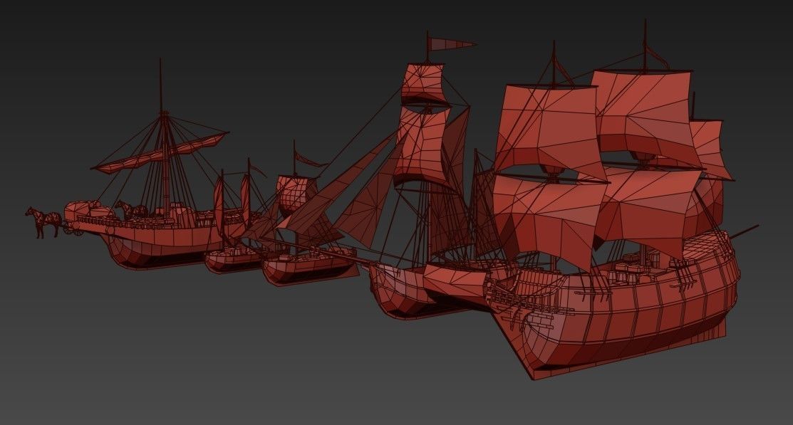 sailboats lowpoly group of wooden ships Low-poly 3D model_2