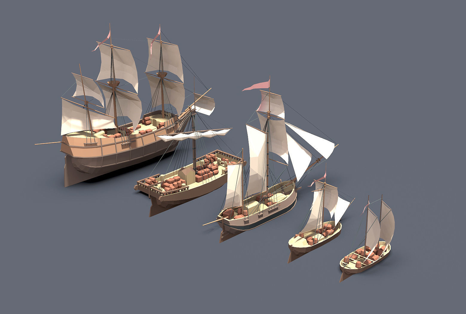 sailboats lowpoly group of wooden ships Low-poly 3D model_1
