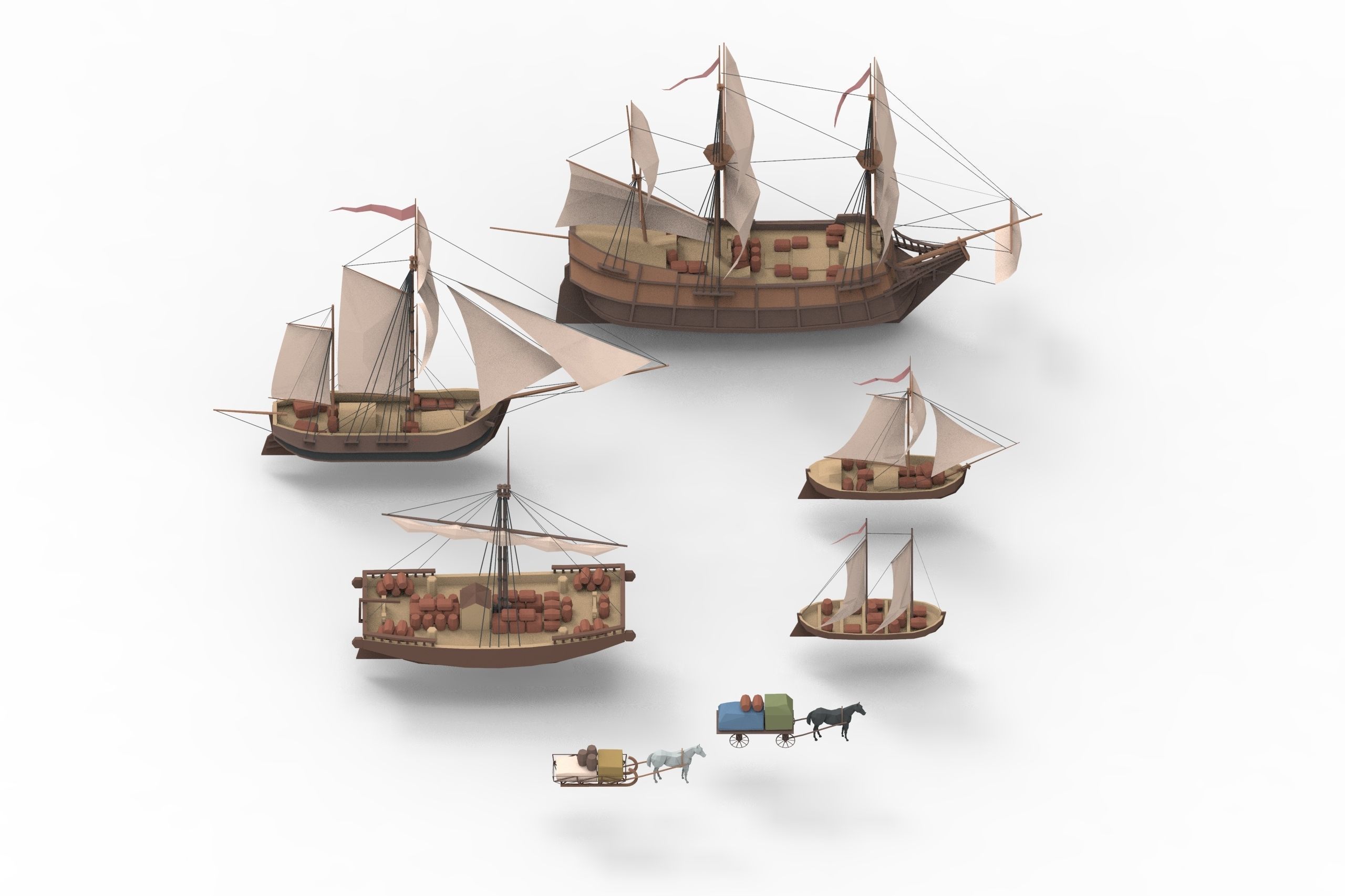 sailboats lowpoly group of wooden ships Low-poly 3D model_4