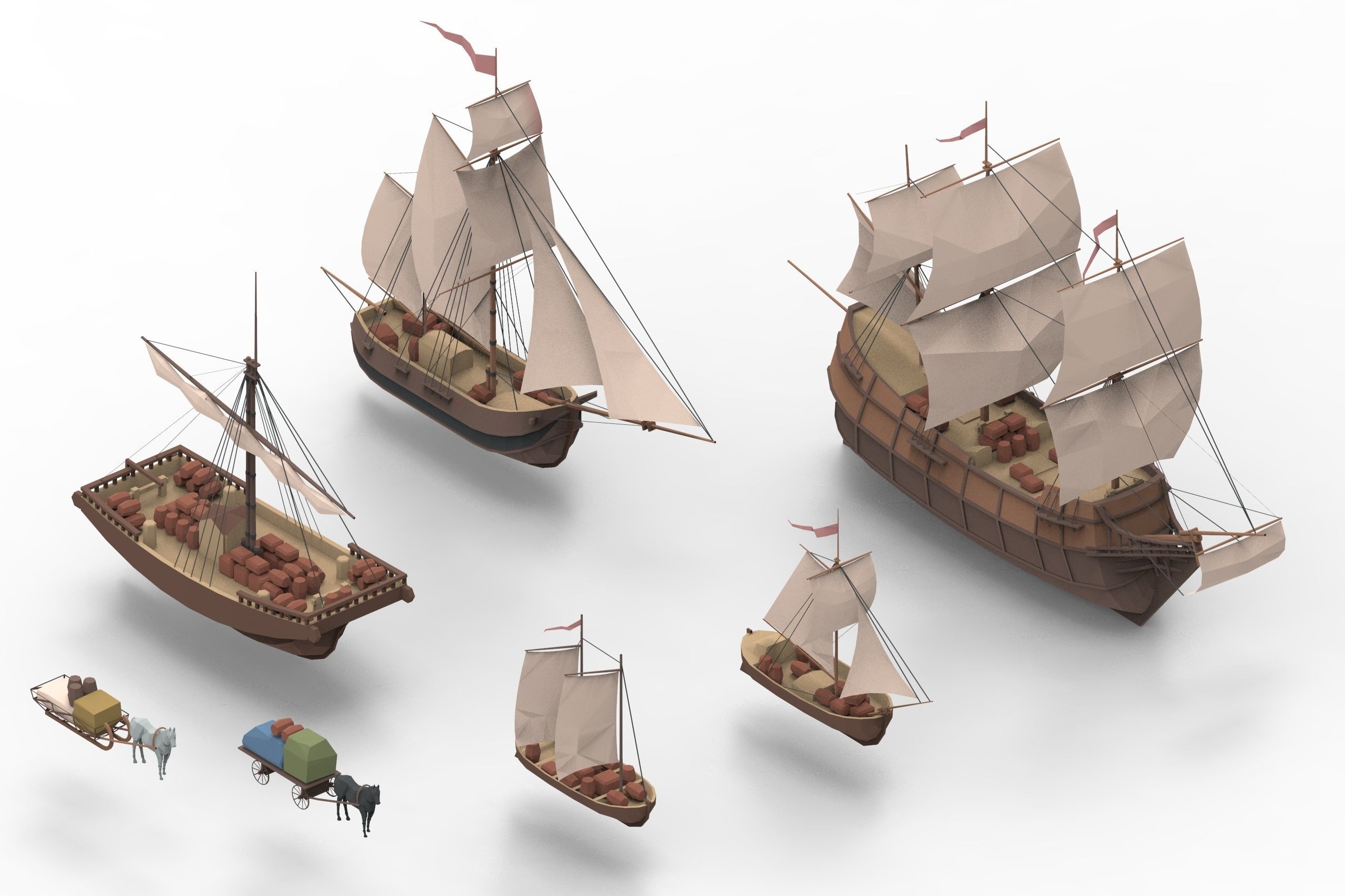 sailboats lowpoly group of wooden ships Low-poly 3D model_5