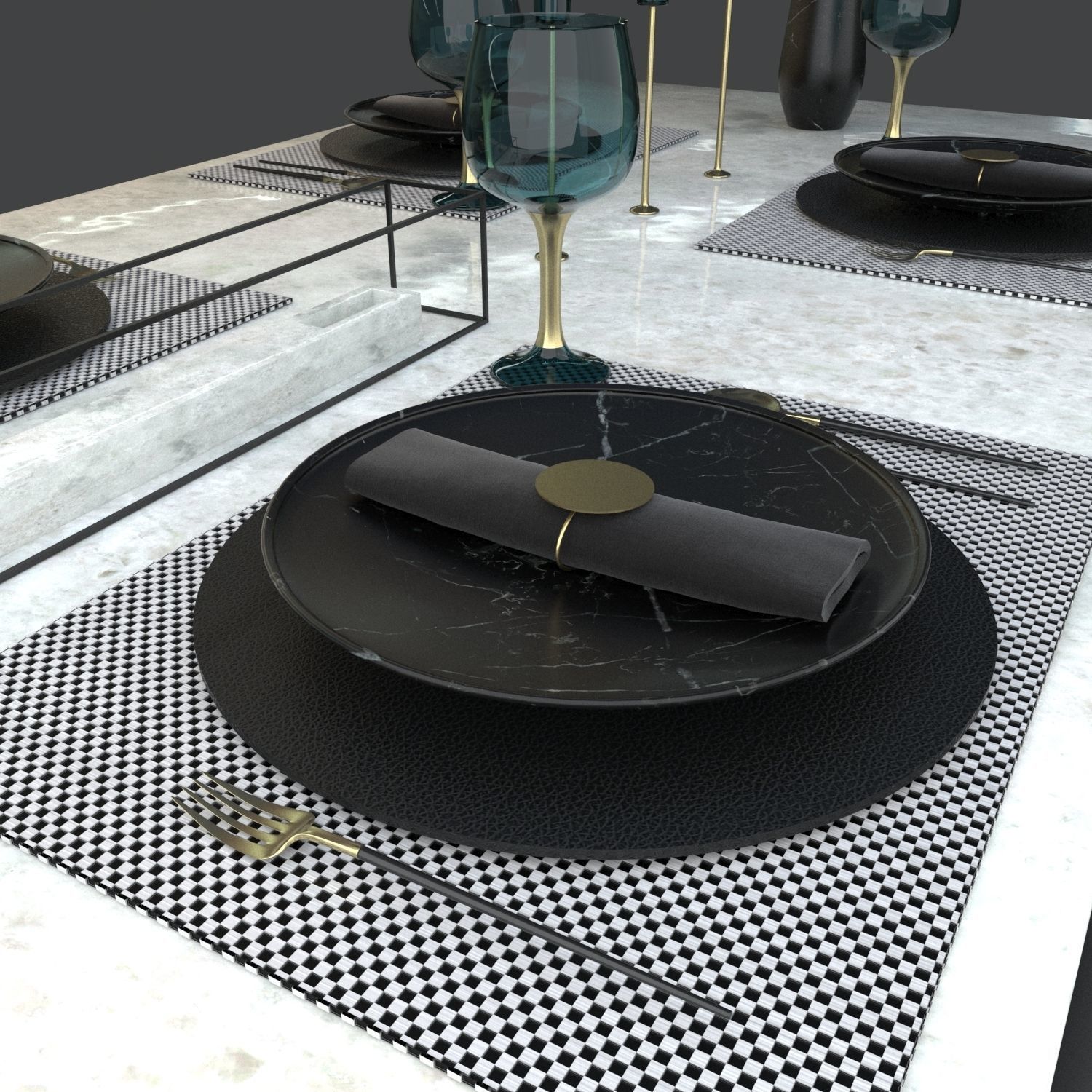 table set dining with plates and glasses 3D model_1