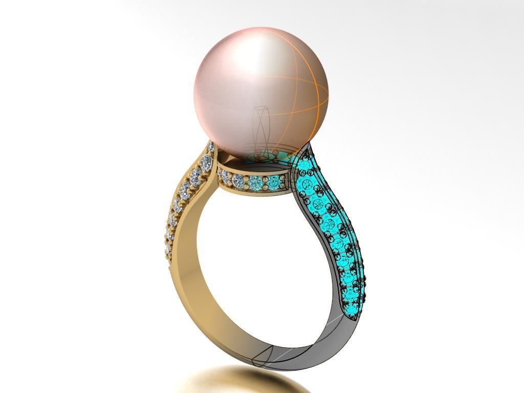 Ring with pearl and diamonds 3D print model_2
