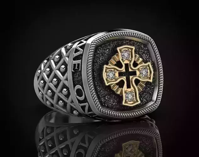 Ring with a cross and patterns on it 440 3D print model