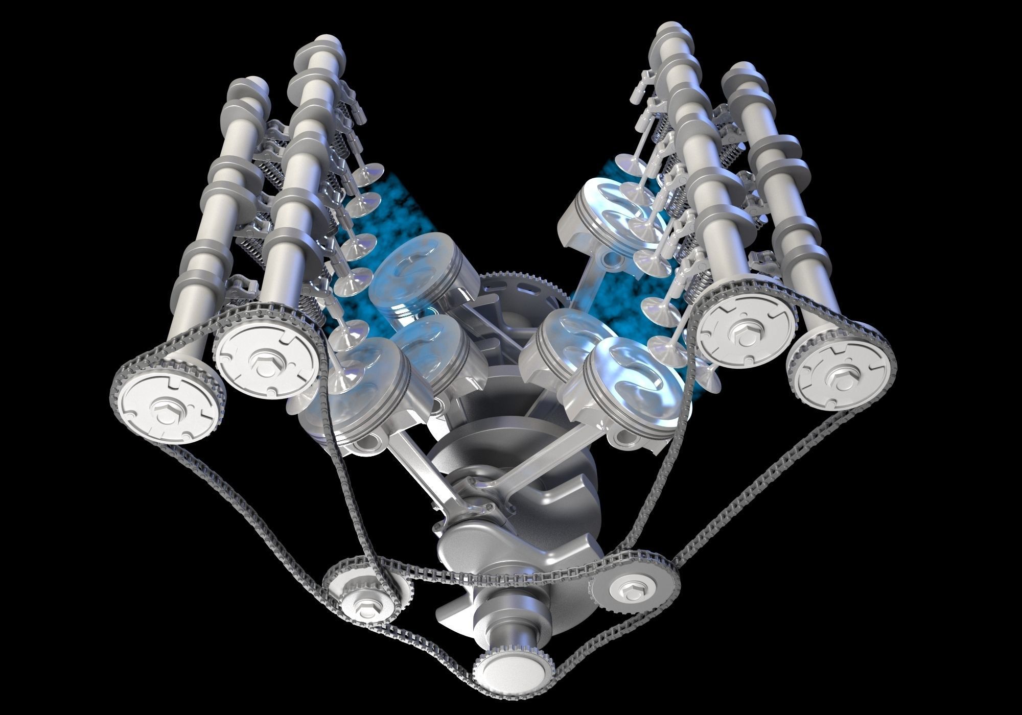 V6 Engine with Gasoline Ignition Animation 3D model_36