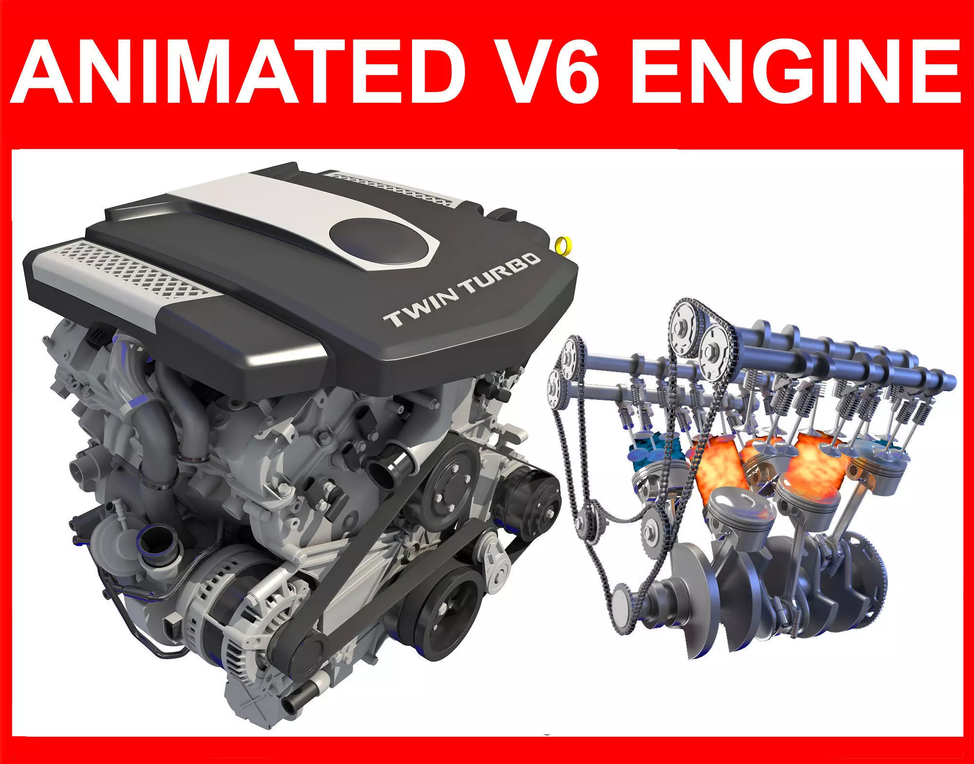 V6 Engine with Gasoline Ignition Animation 3D model_0