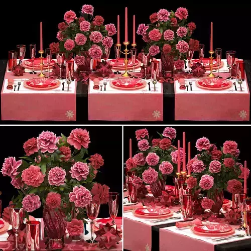 Christmas table setting with a bouquet of red peonies for 6 