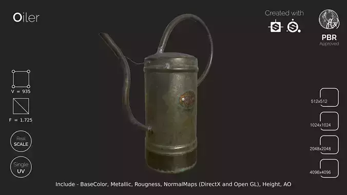 Oiler - gameready metal watering can Low-poly 3D model