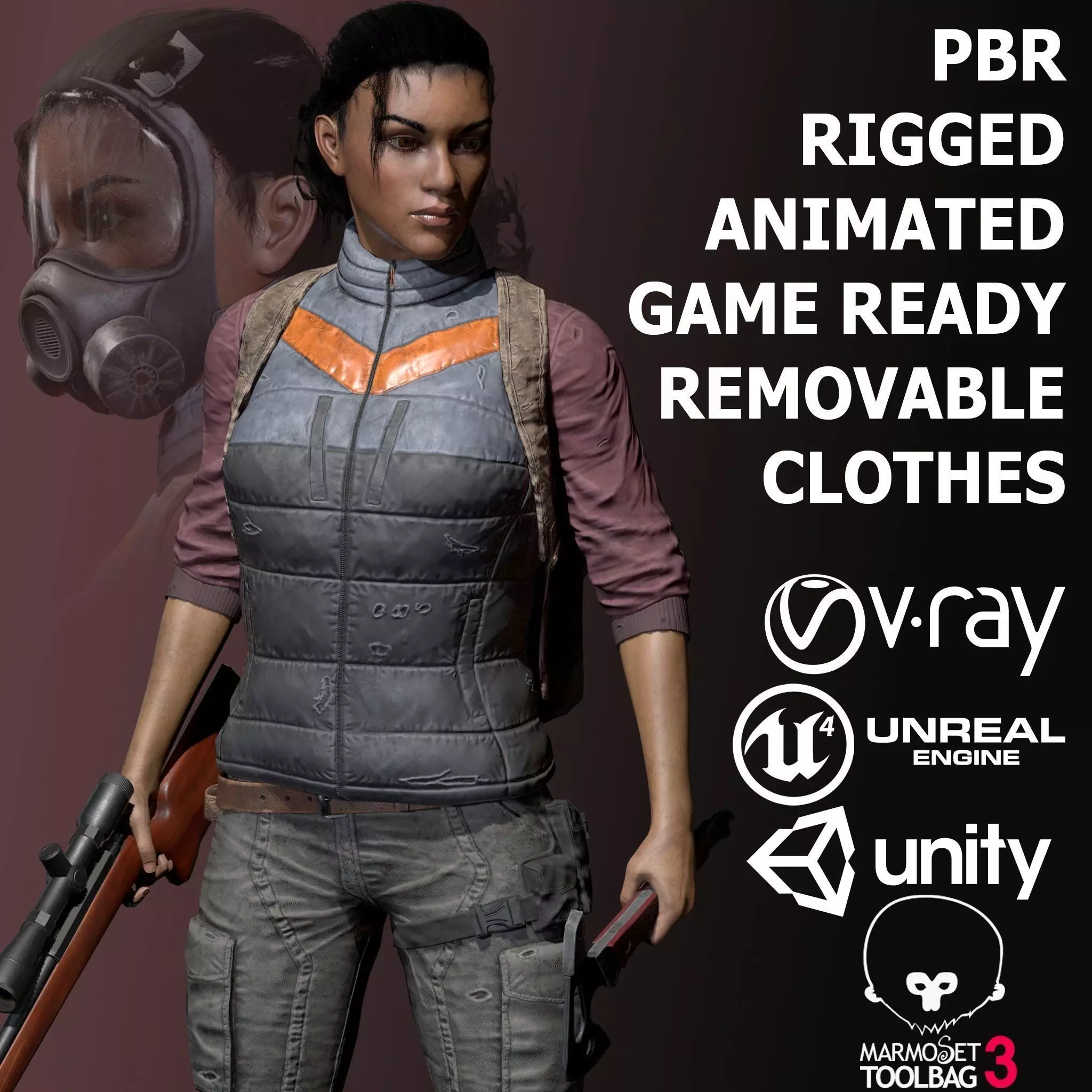 Black Skin Female Survivor Low-poly 3D model_0