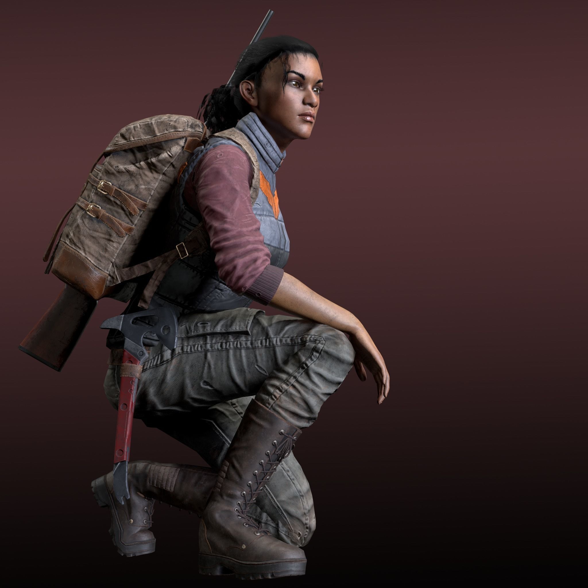 Black Skin Female Survivor Low-poly 3D model_12