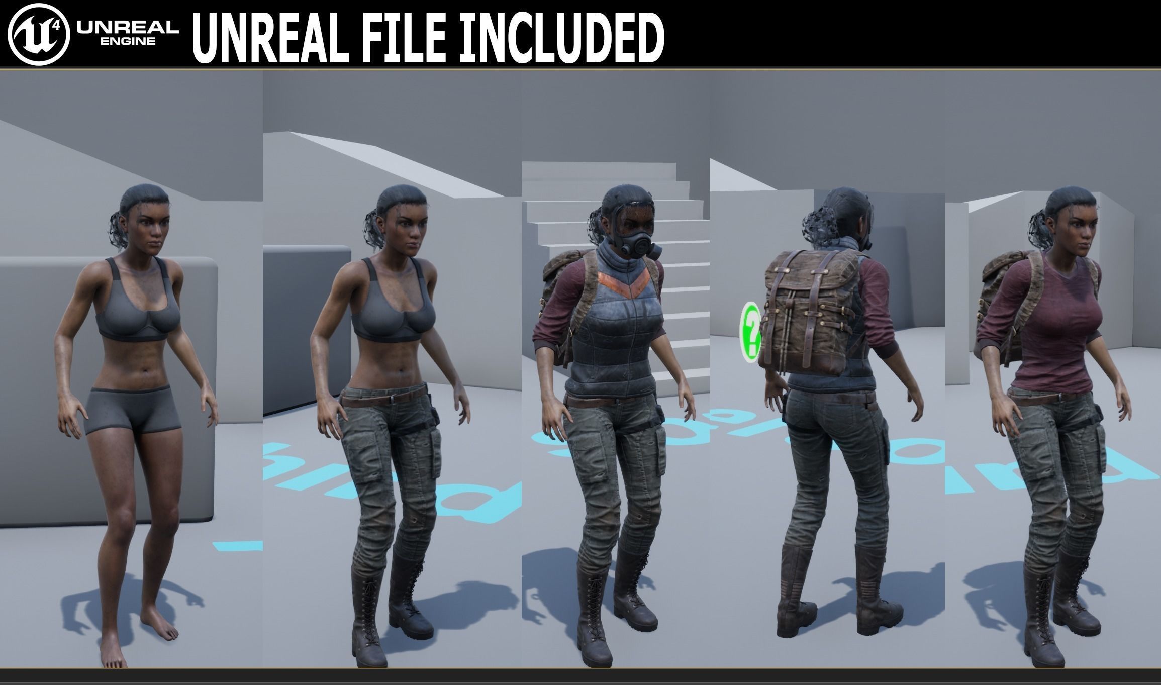 Black Skin Female Survivor Low-poly 3D model_9