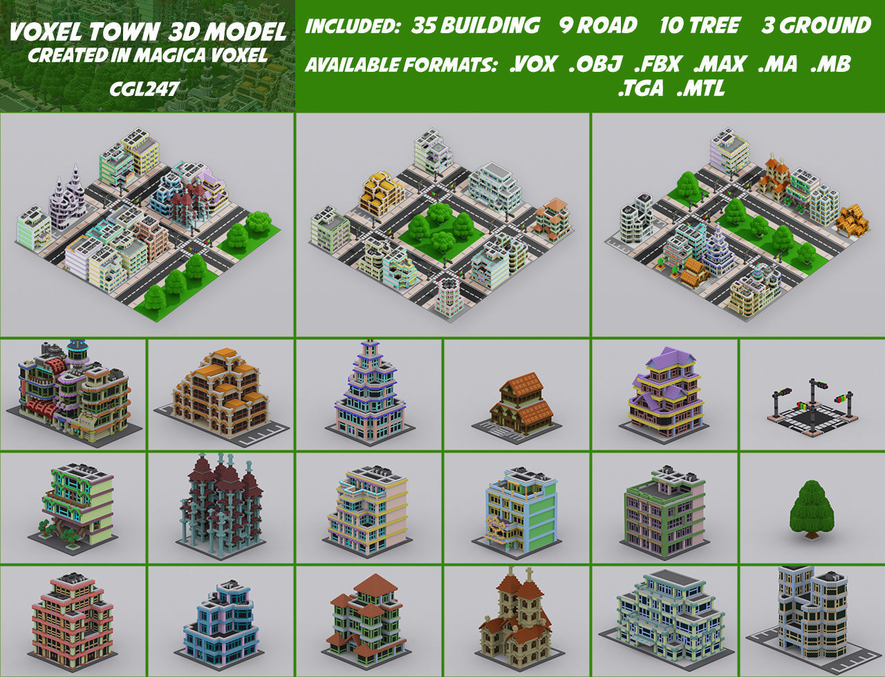 Town Voxel Low-poly 3D model_1
