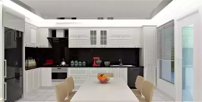 Kitchen with cabinets and dining table