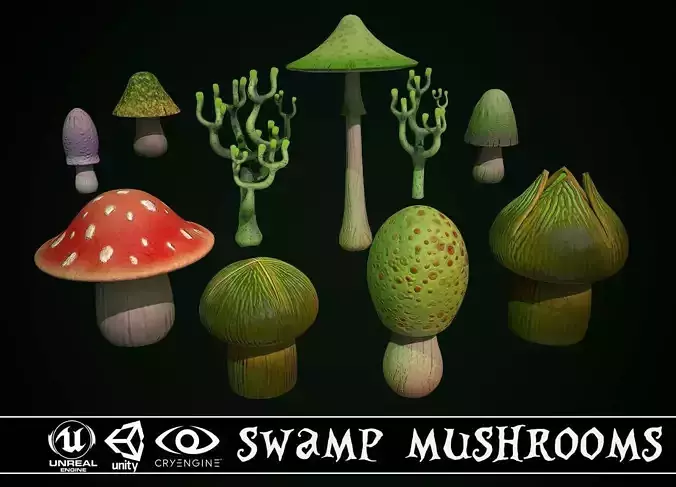 Swamp Fantasy Mushrooms Low-poly 3D model
