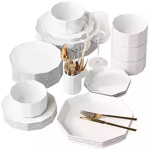 Plates Set dinnerware with gold forks and spoons