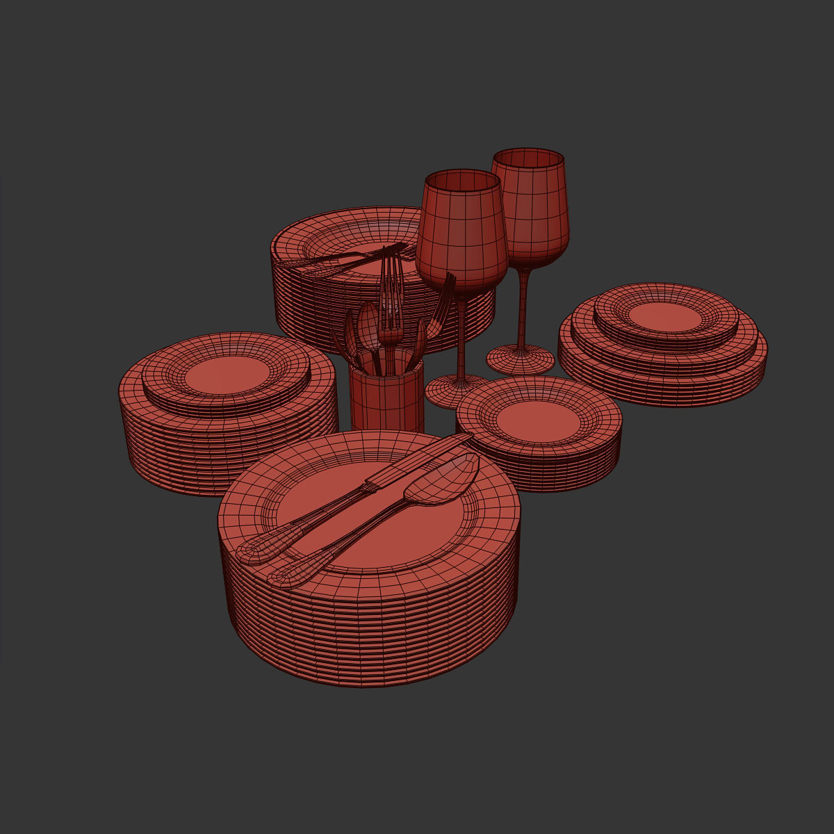 Plates Set 2 plate with fork and knife 3D model_2