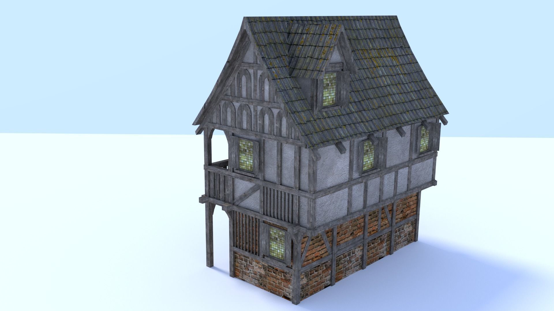 Medieval city house Low-poly 3D model_3