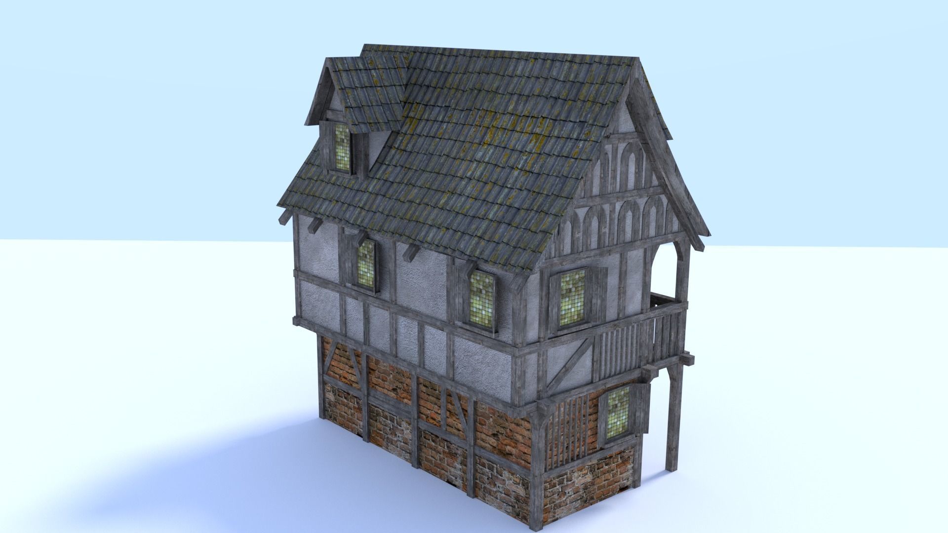 Medieval city house Low-poly 3D model_2