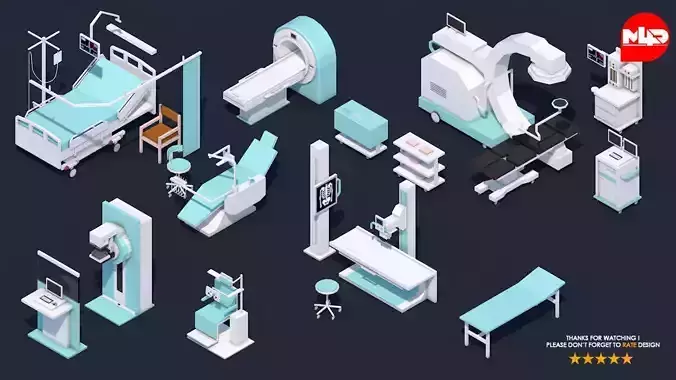 Low Poly Hospital Set - Medical Equipments Low-poly 3D model