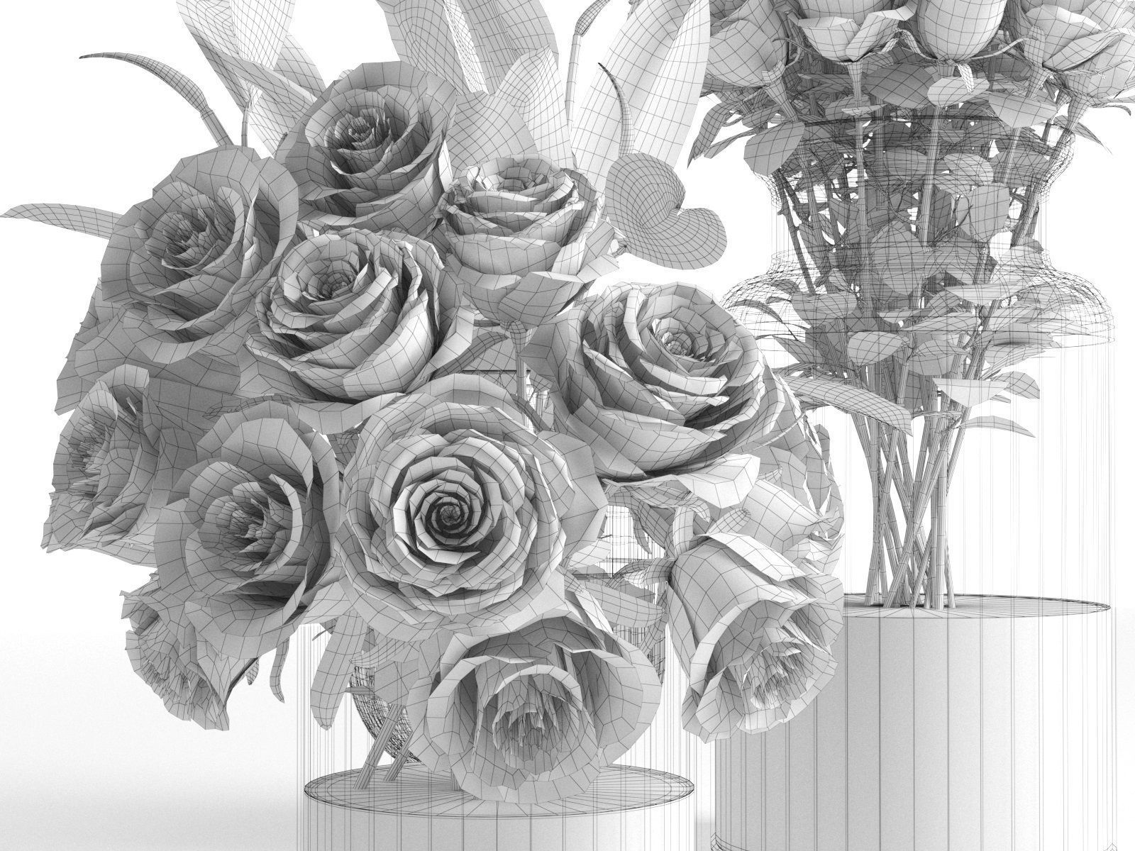 Glass Vases with Roses and Ficus Leaves 3D model_4