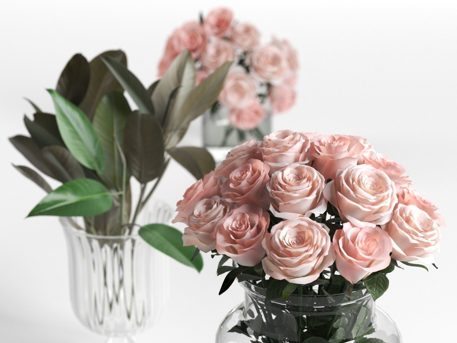 Glass Vases with Roses and Ficus Leaves 3D model_2
