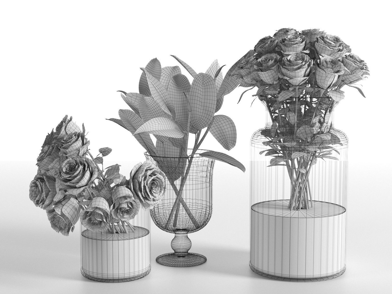 Glass Vases with Roses and Ficus Leaves 3D model_3
