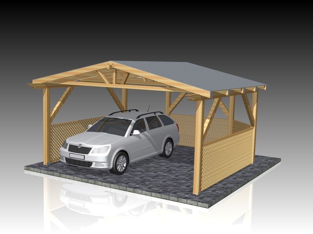 Carport 2 wooden with suv Free 3D model