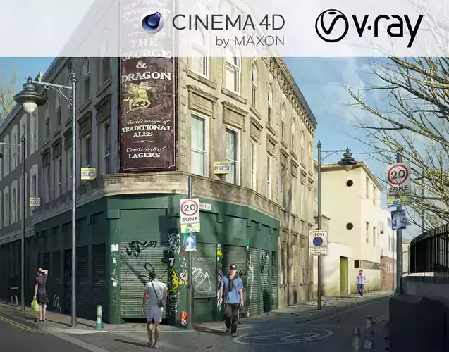 VRay - C4D Scene files - Old London Pub Exterior Scene 3D model