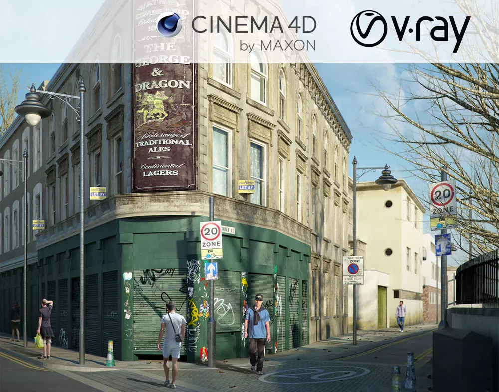 VRay - C4D Scene files - Old London Pub Exterior Scene 3D model_0