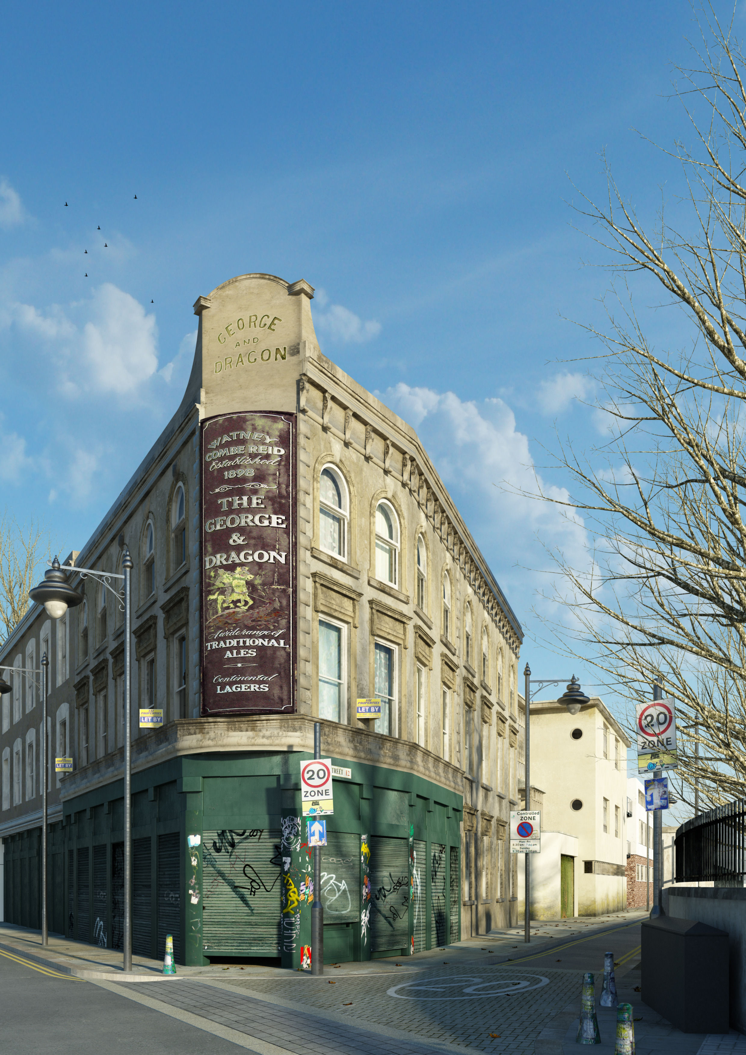 VRay - C4D Scene files - Old London Pub Exterior Scene 3D model_2