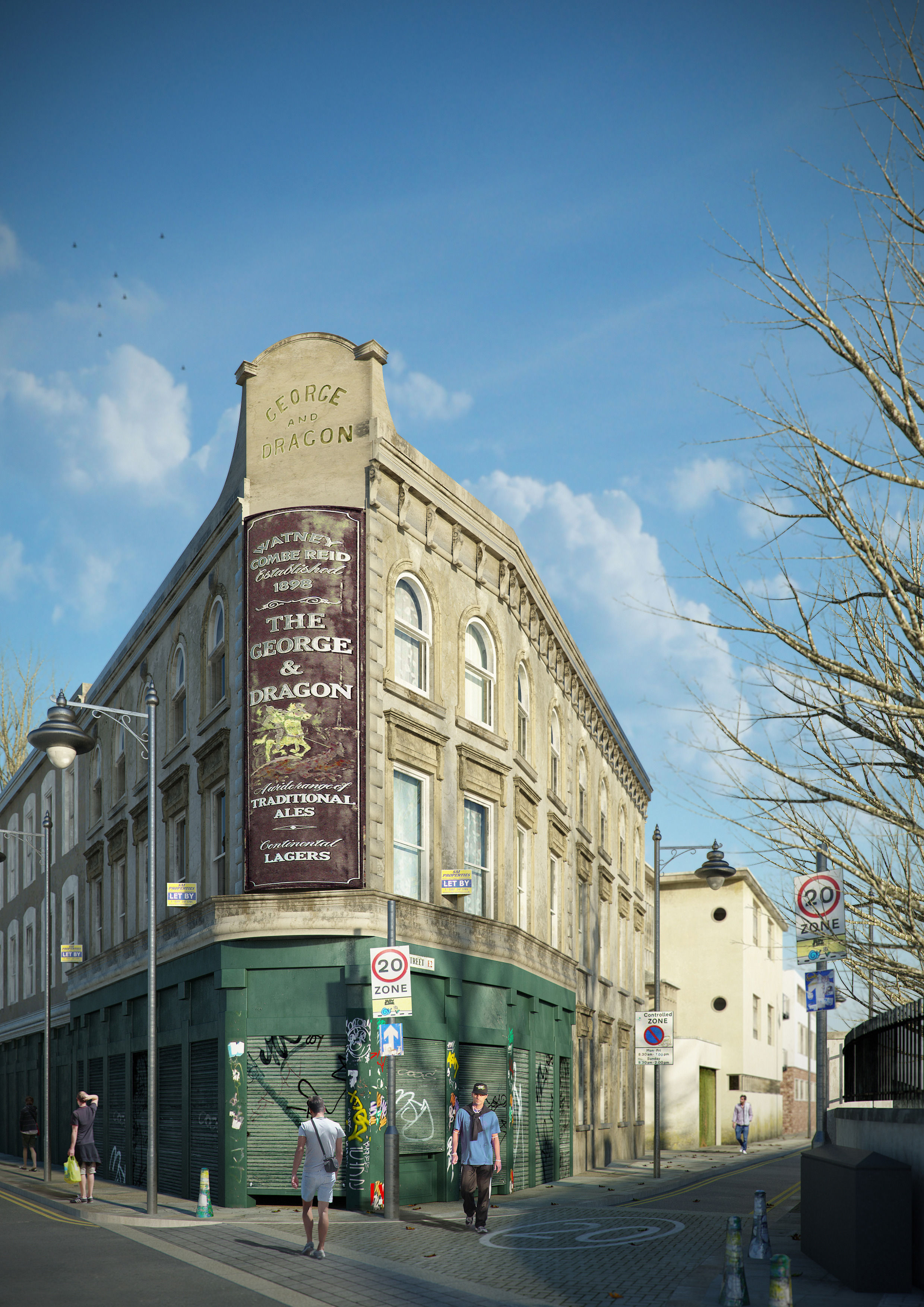 VRay - C4D Scene files - Old London Pub Exterior Scene 3D model_3